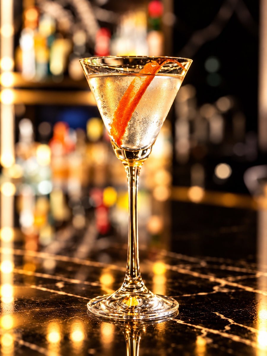 A golden cocktail with an orange garnish, paired with Ella Baudinet’s work